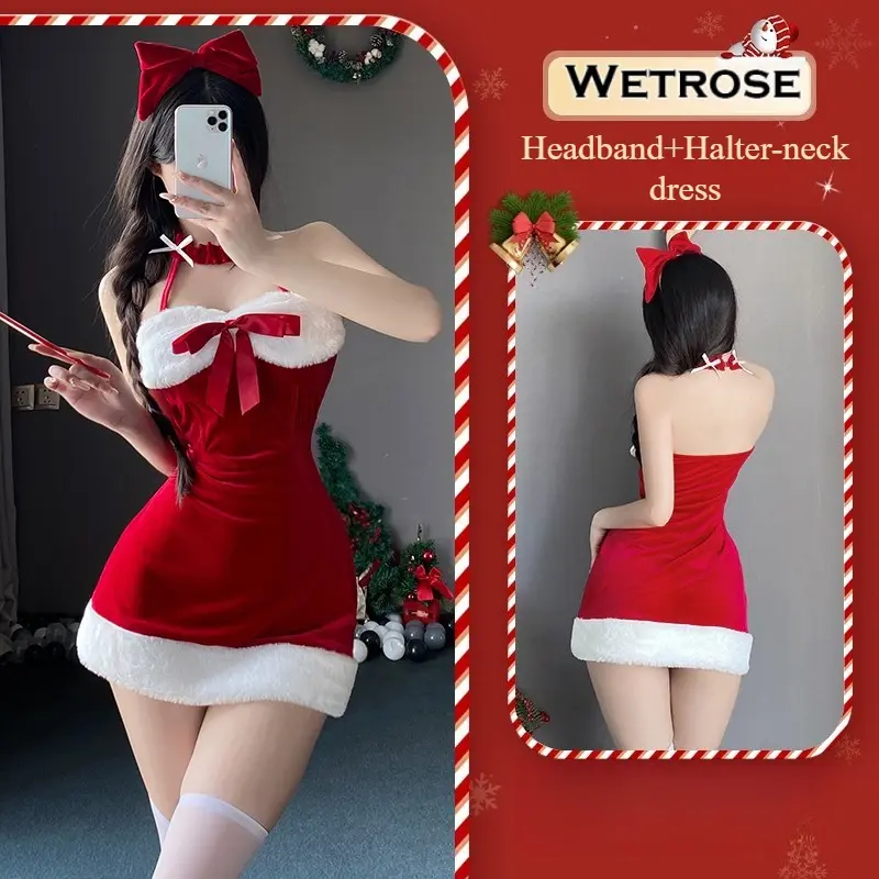 [Wetrose] In Stock Red Velvet Christmas Dress Fur Trim Santa Holiday Party Outfit Cosplay Costume Xmas