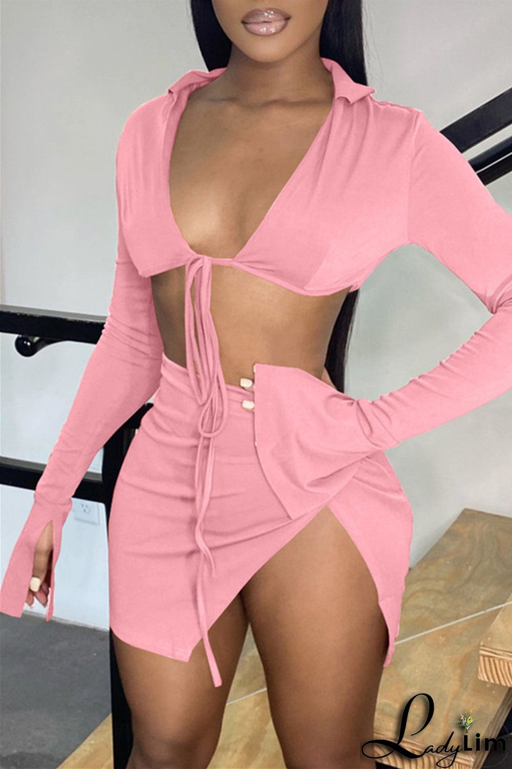 Yellow Fashion Sexy Solid Bandage Slit V Neck Long Sleeve Two Pieces