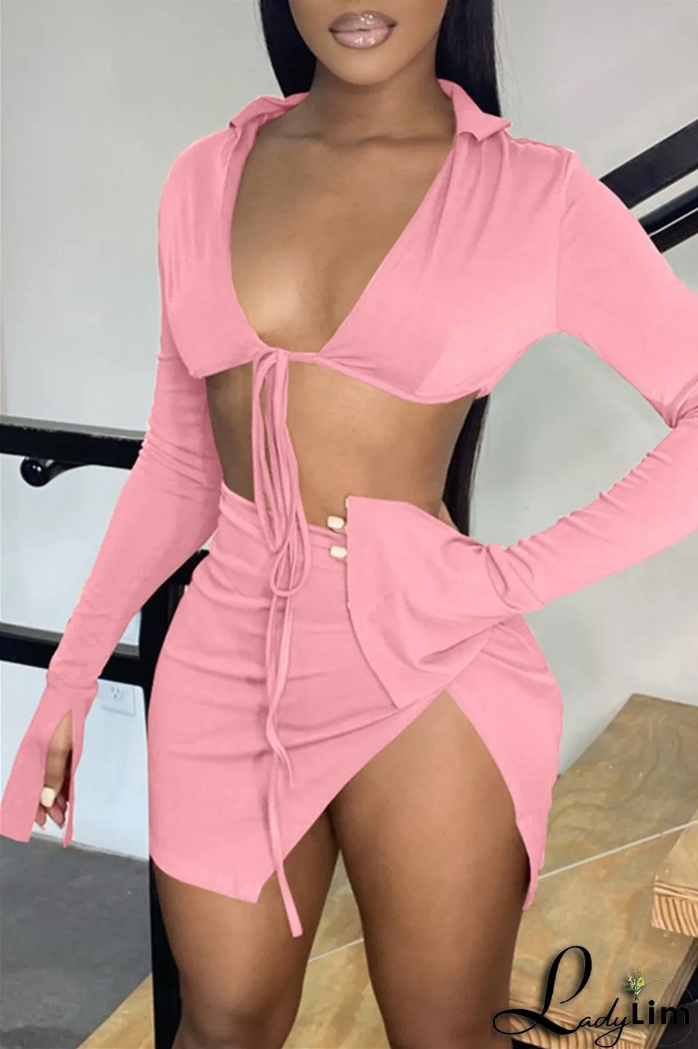Yellow Fashion Sexy Solid Bandage Slit V Neck Long Sleeve Two Pieces