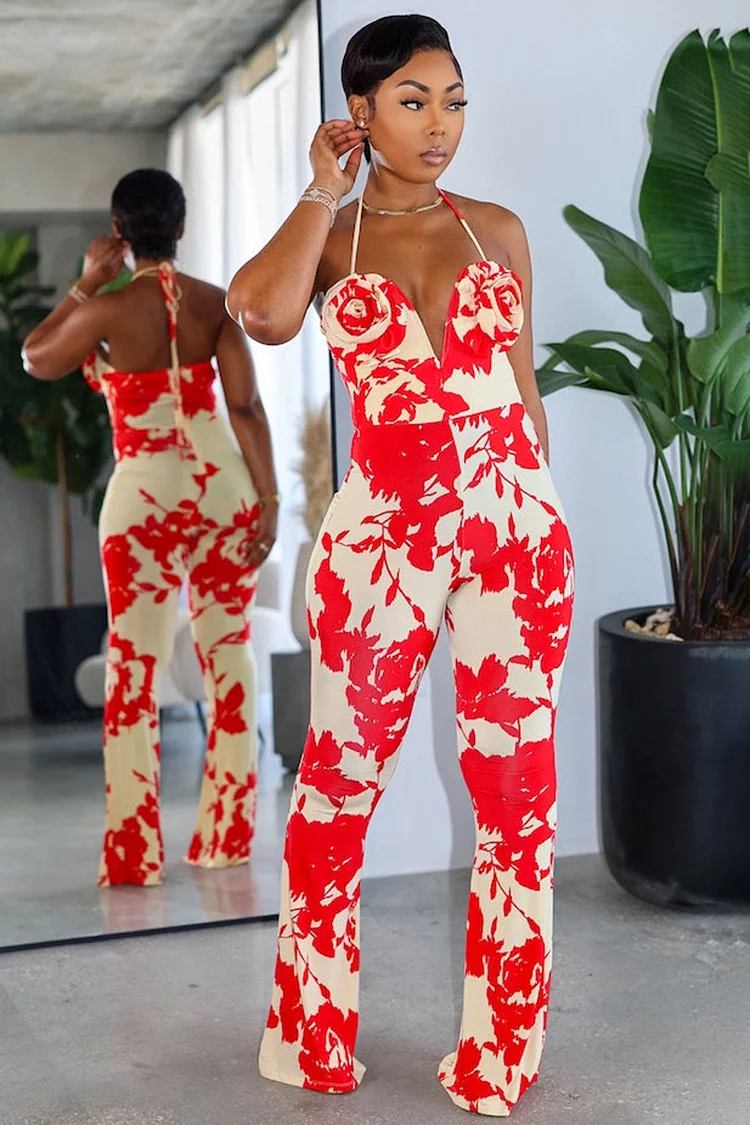 V Neck Halter Slim-Fit Floral Print Vacation Jumpsuit-Red [Pre Order]