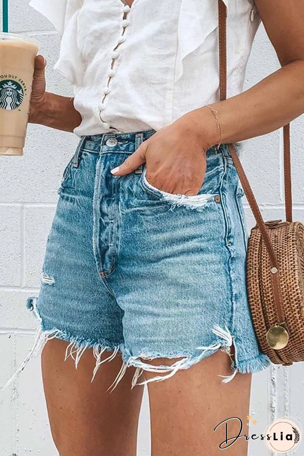 Summer Loose Button Ripped Fringed Denim Shorts