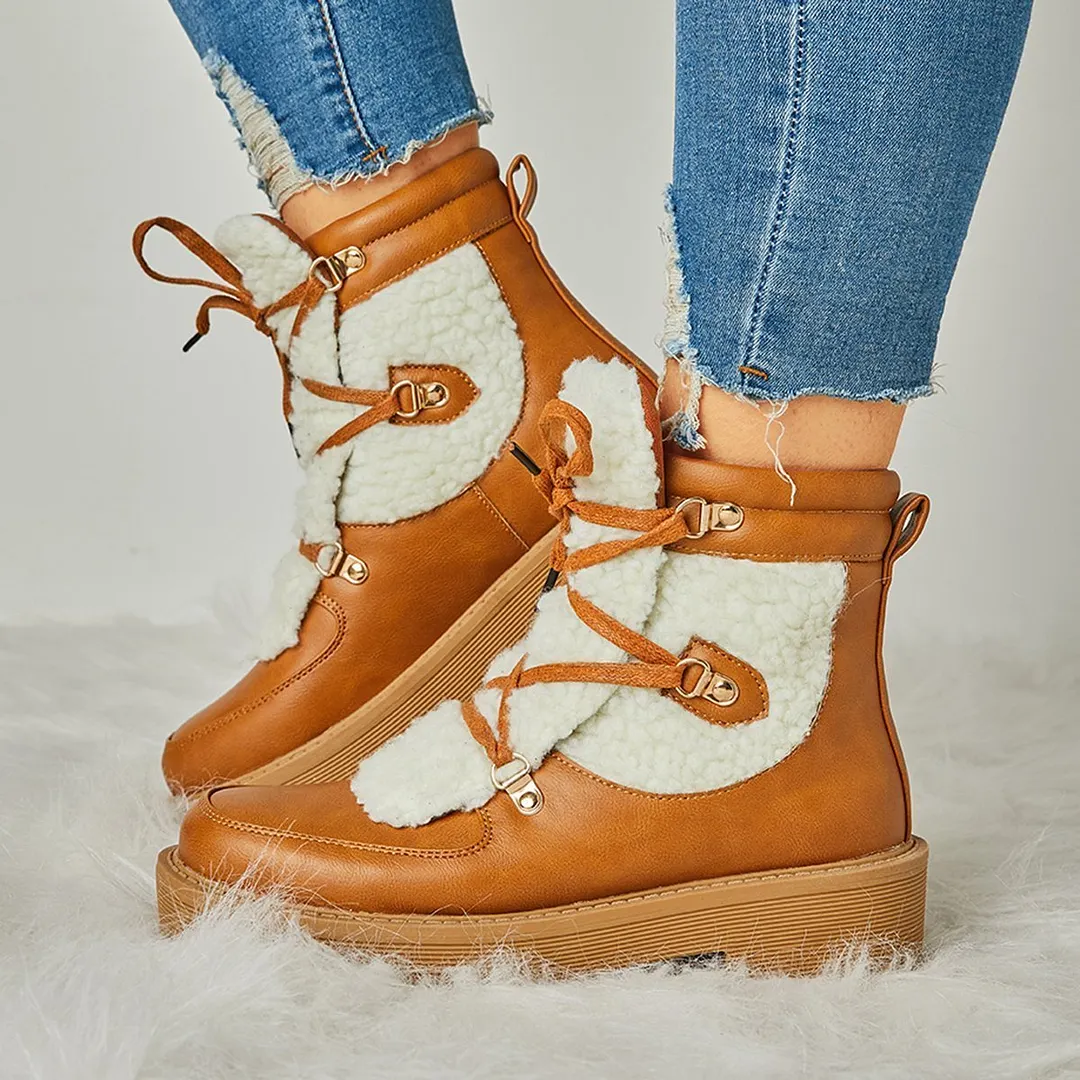 Women Faux Shearling Stiching Lace Up Snow Boots