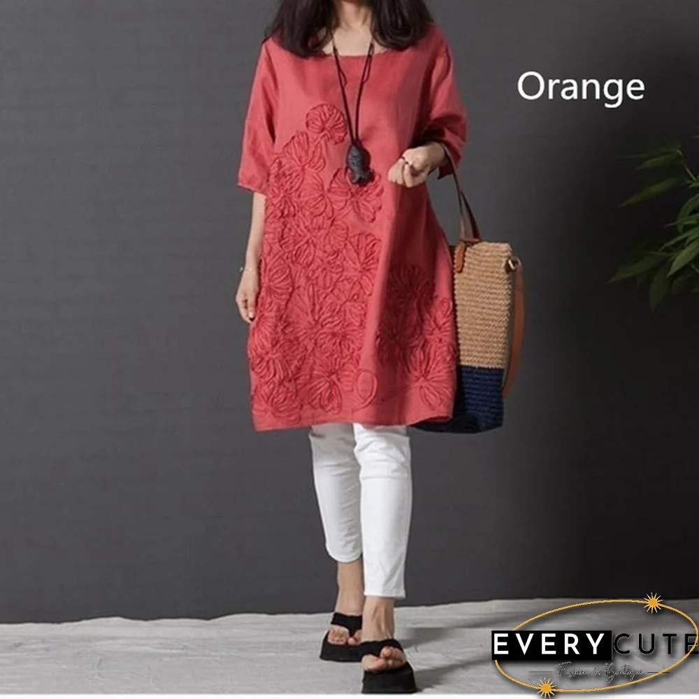 Women Fashion Summer Style T -shirt Loose Cotton Embroidered Casual Dress Plus Size Ladies Linen Dress
