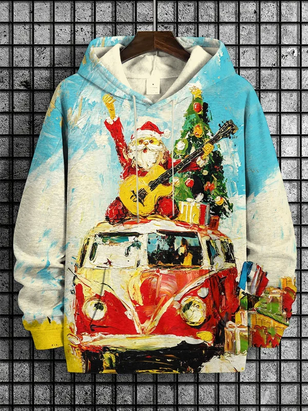 Men's Christmas Hippie Bus Santa Playing Guitar Oil Painting Print Casual Hoodie