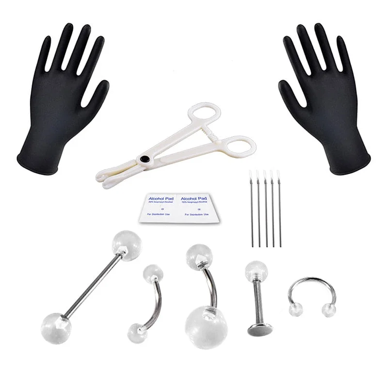 Body Piercing Kit With Needle Pack Nose Septum Belly Button Piercing Tool Kit Ear Tragus Nipple Eyebrow Labret Pircing Set Clamp