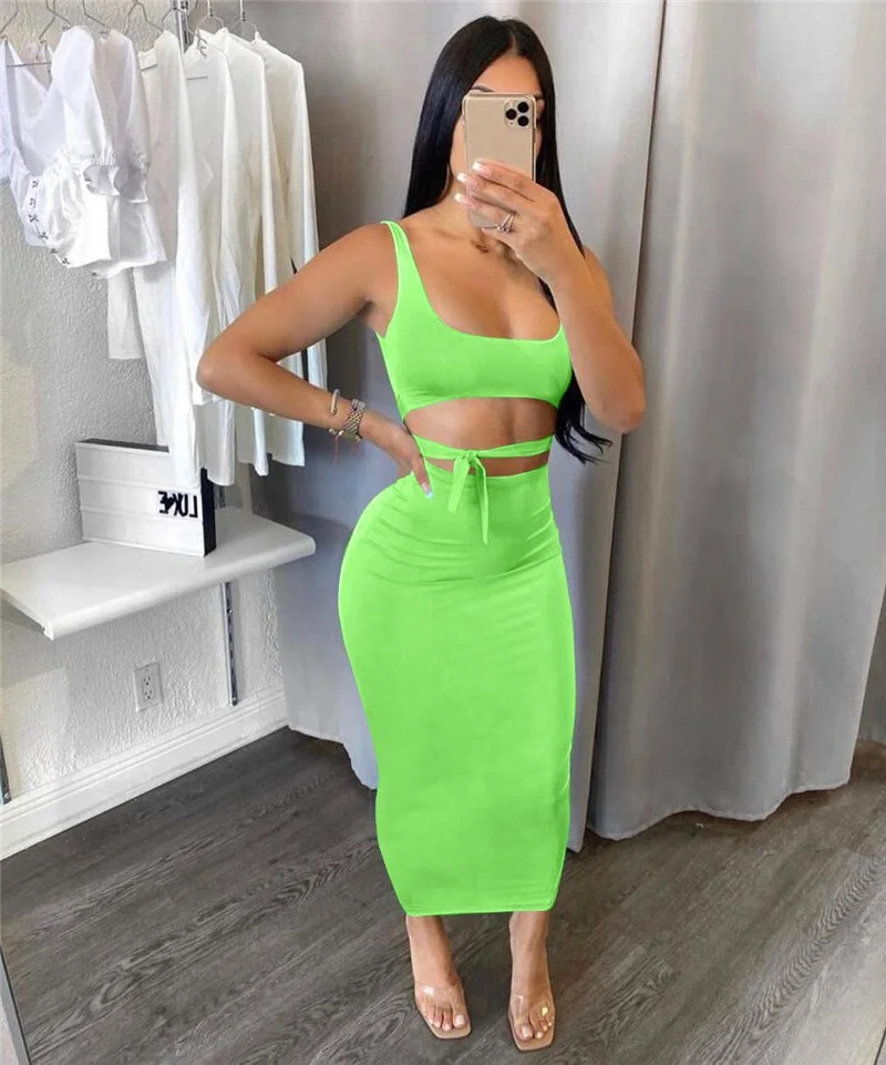 wsevypo Summer Party Solid Color Dress Sets Sexy Women's Two Pieces Lace-up Straps Crop Tank Tops+Maxi Bodycon Skirts 7Colors