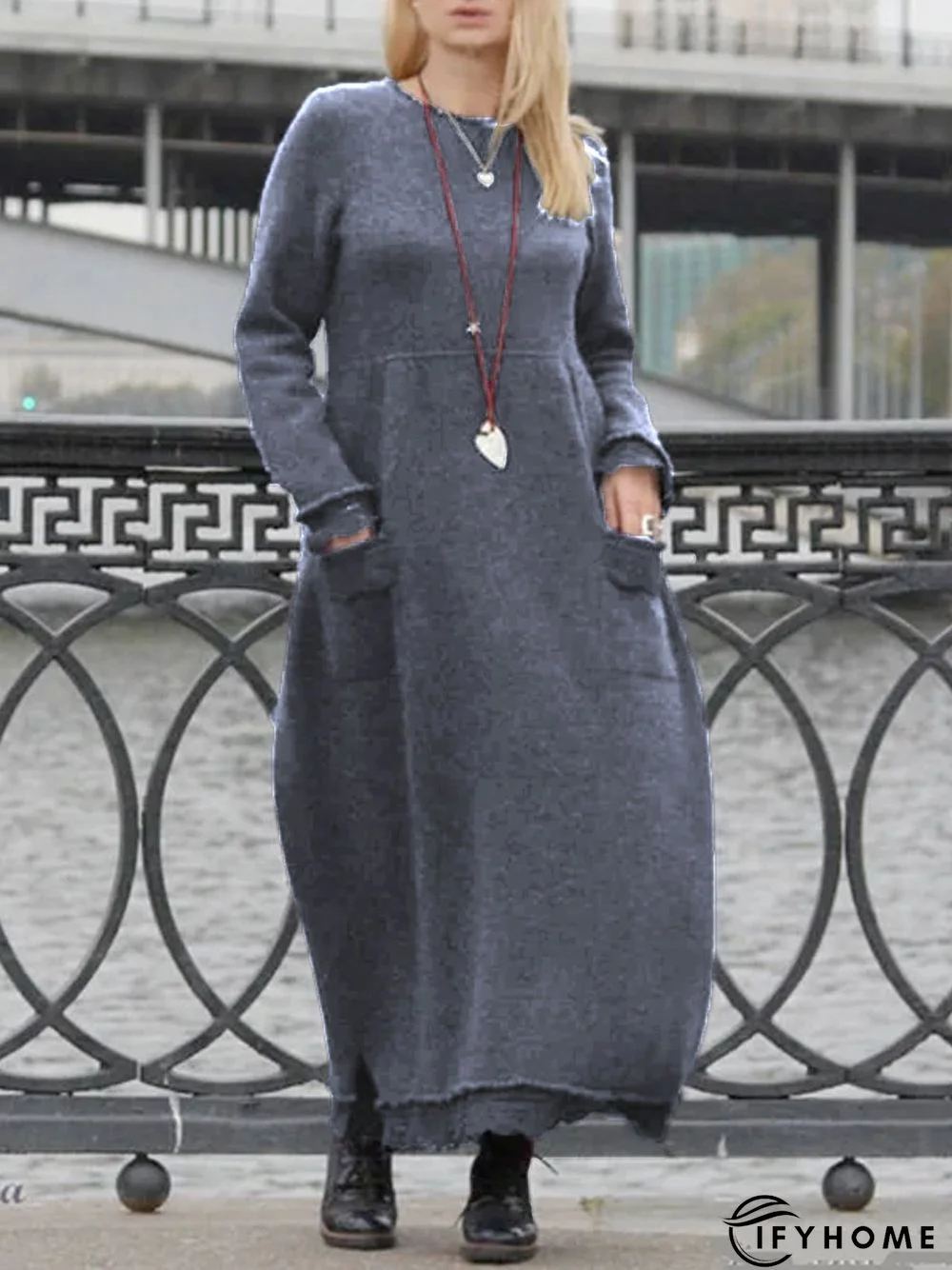 Plain Cotton Long Sleeve Dress | IFYHOME