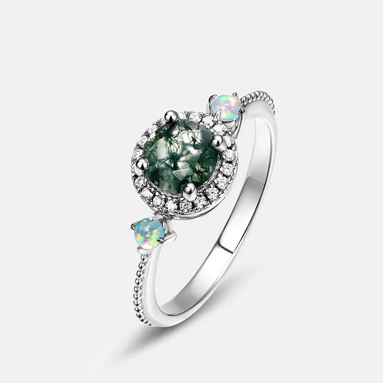 Vintage Green Moss Aquatic Agate Ring Gem Engagement Ring