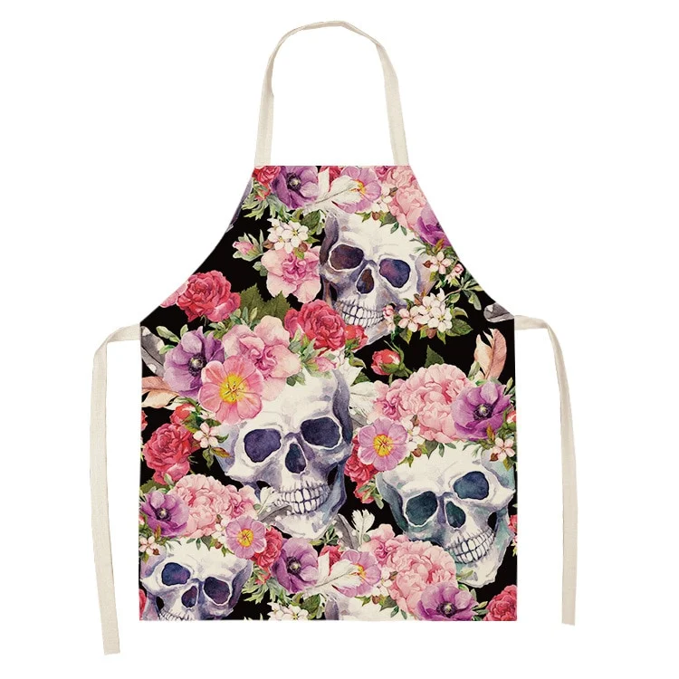Linen Kitchen Apron - Flower Skull letclo 