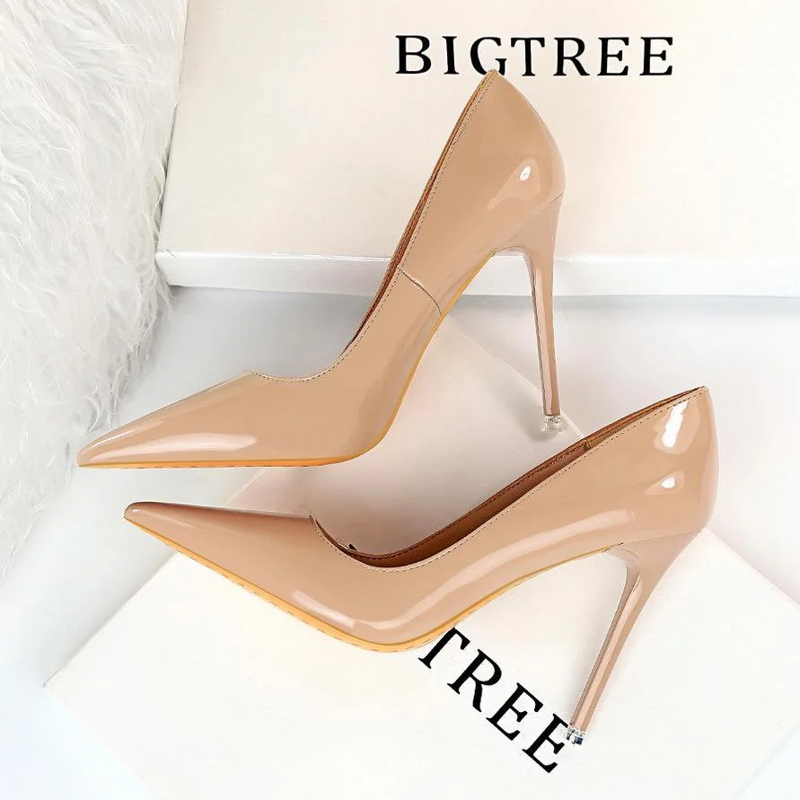 Fashion stiletto shiny patent leather shallow pointy sexy single shoes