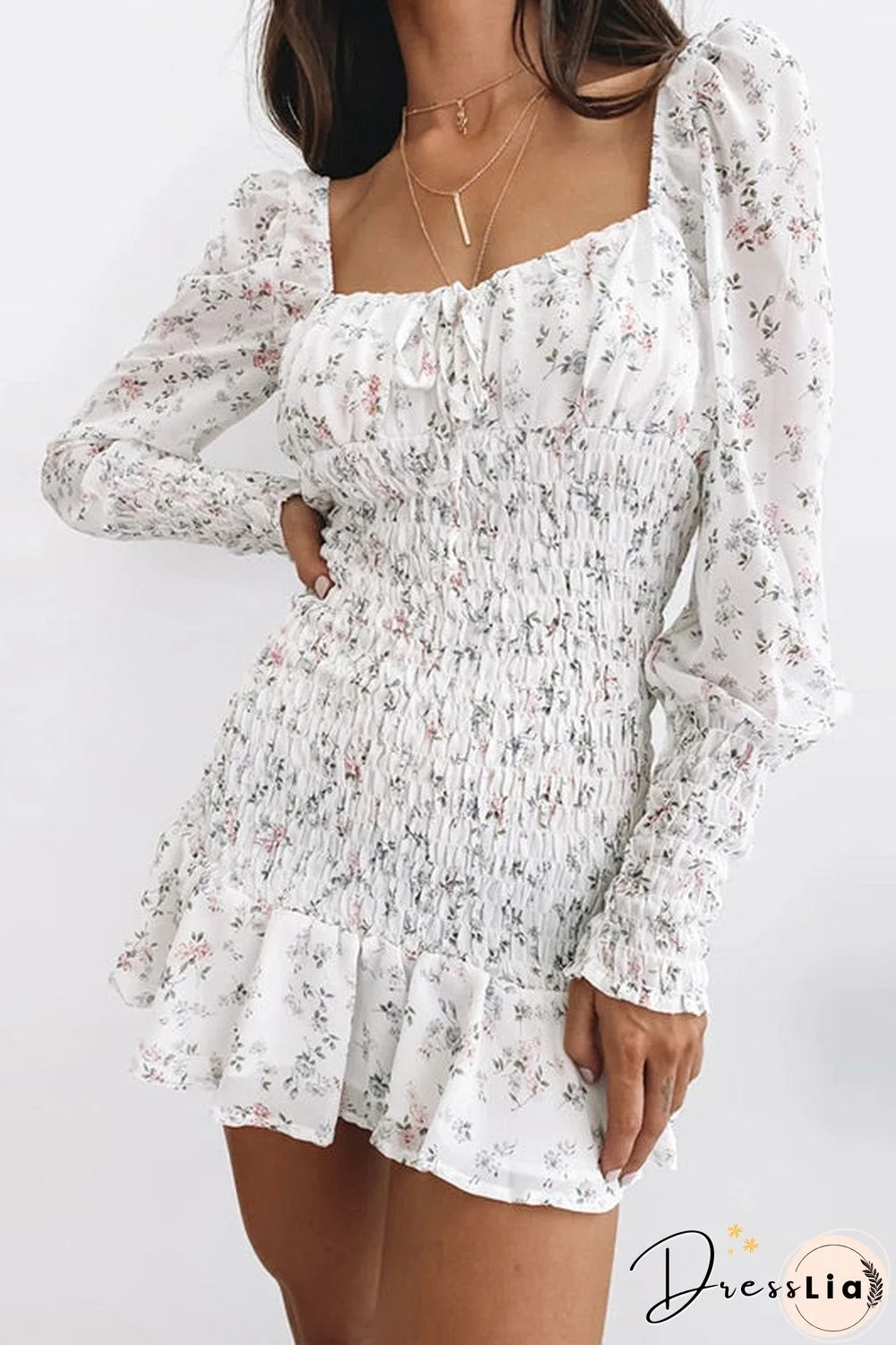 Square Neck Floral Smocked Ruffled Chiffon Dress