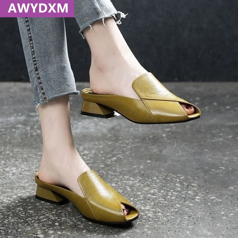 Women Slippers 2022 New Summer Fashion Peep-toe Sexy Shoes Med Heels Chunky Designer Slides PU Leather Sandals Party Flip Flops