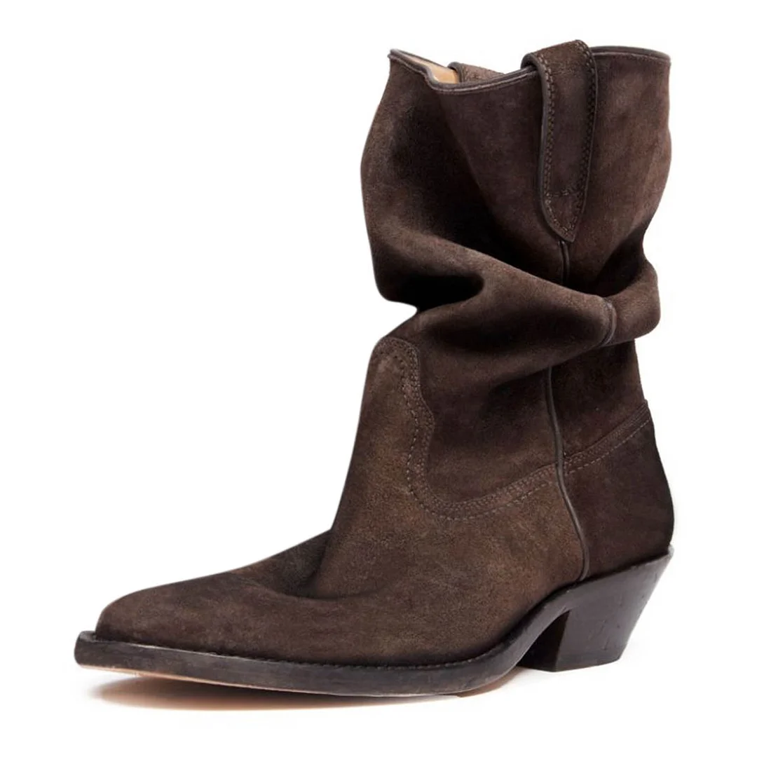 Faux Suede Brown Almond Toe Side Loops Block Heel Ladies Boots