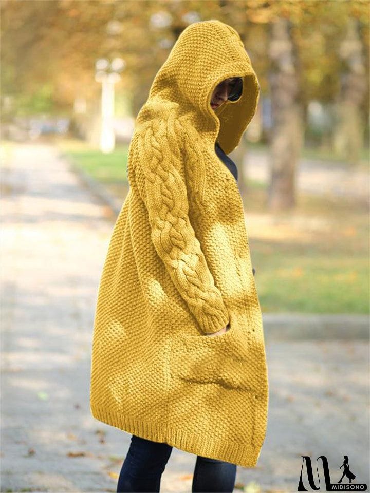 MidiSono - Women's Warm Buttoned Hooded Long Sweater Cardigan