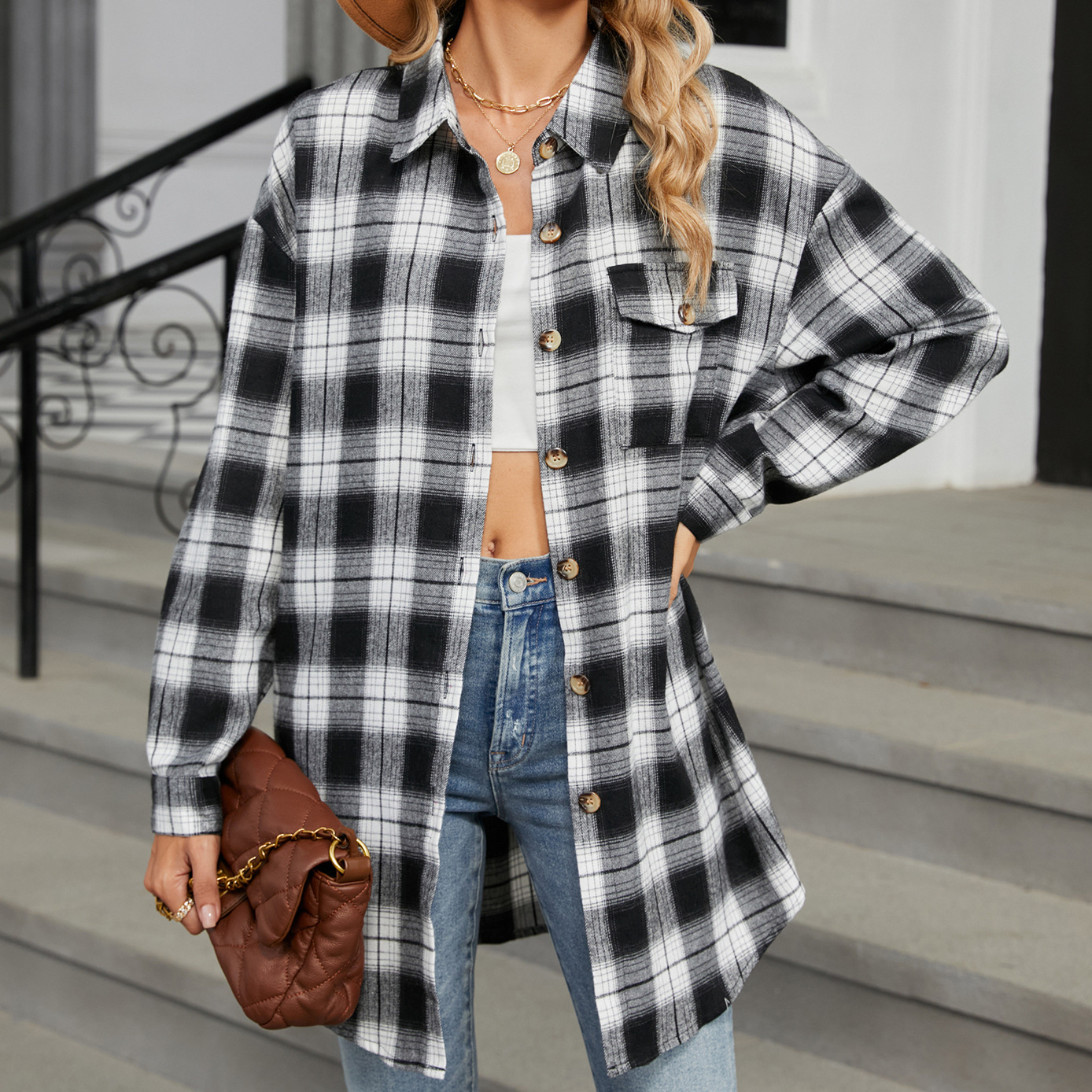 Skillofyz Loose Pocket Patchwork Single Breasted Cardigan Shirt For Women 2025 Autumn/winter Checkered Shirt Brushed Long Sleeved Blouses
