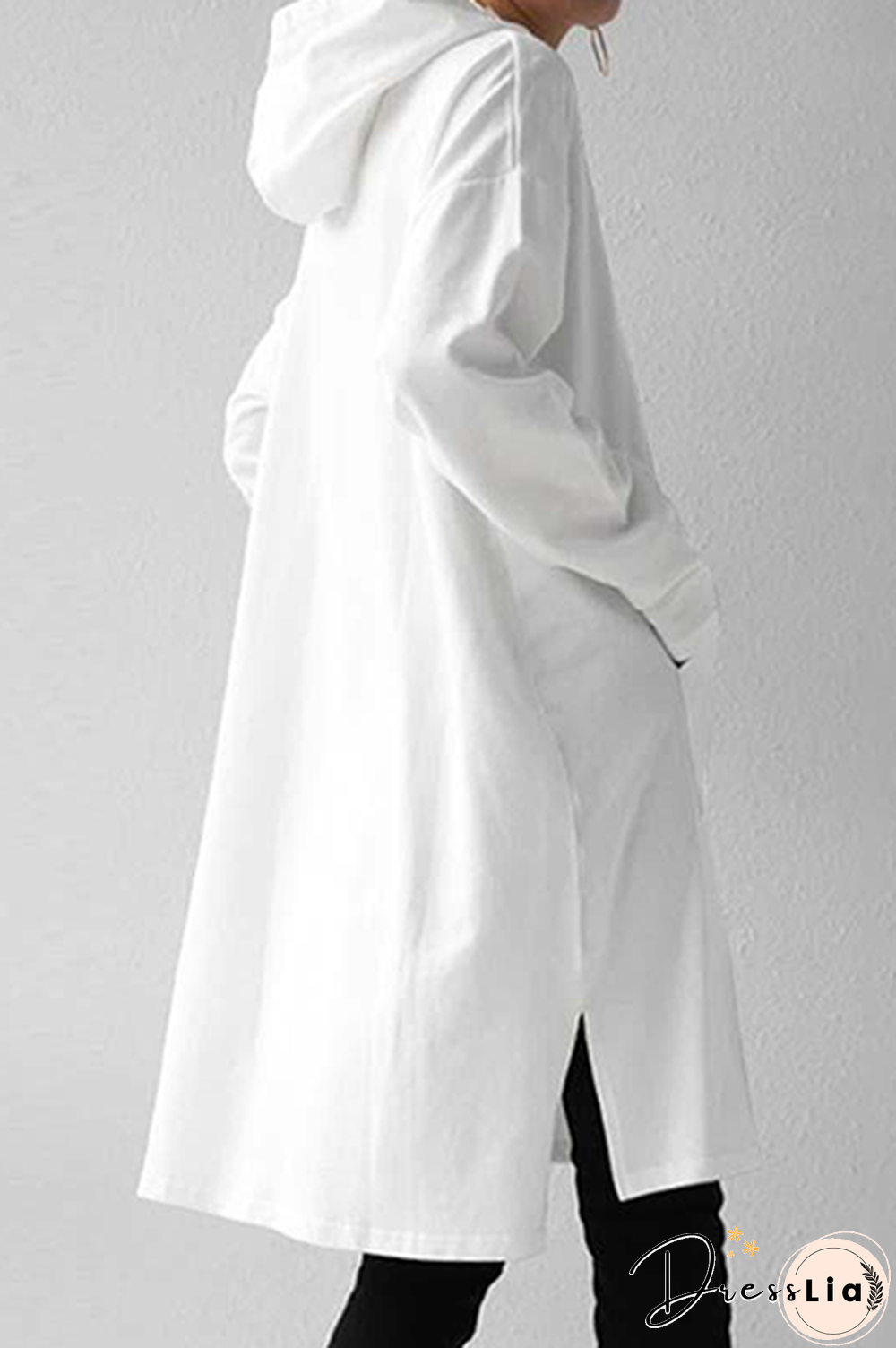 Casual Street Solid Draw String Pocket Slit Hooded Collar Tops