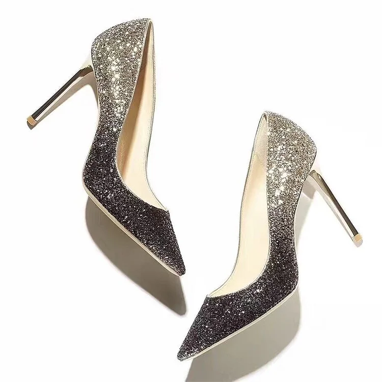 Grey and Silver Gradient Color Stiletto Heels Pointy Toe Glitter Pumps |FSJ Shoes