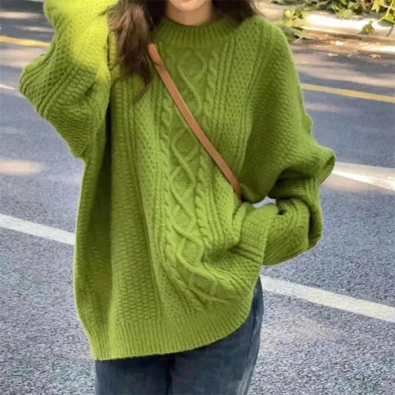 Ueong Ueong Green Pure Color Fresh Sweet Twist Sweater Knitting 2024 Autumn And Winter New Korean Retro Advanced