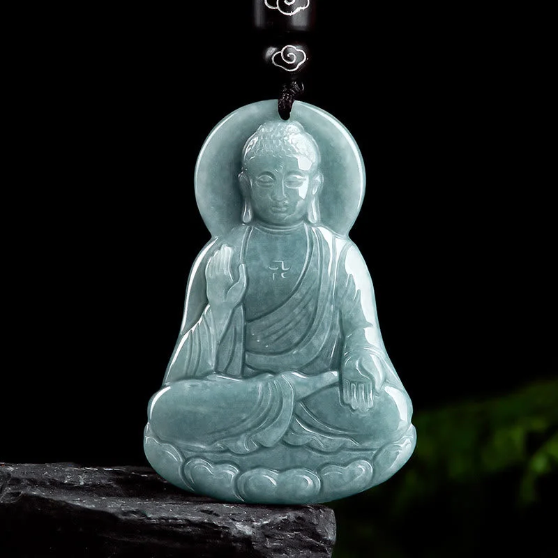 Amitabha Buddha Natural Jade Lotus Amulet Compassion String Necklace Pendant