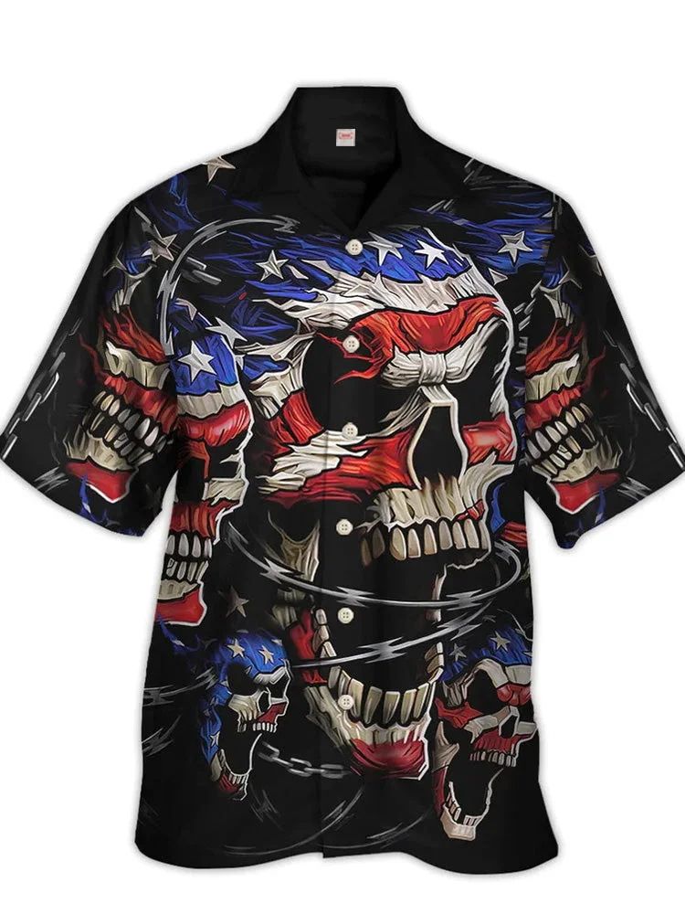 American Flag Skull And Chains Printing Cuban Collar Carnival Hawaiian Short Sleeve Shirt