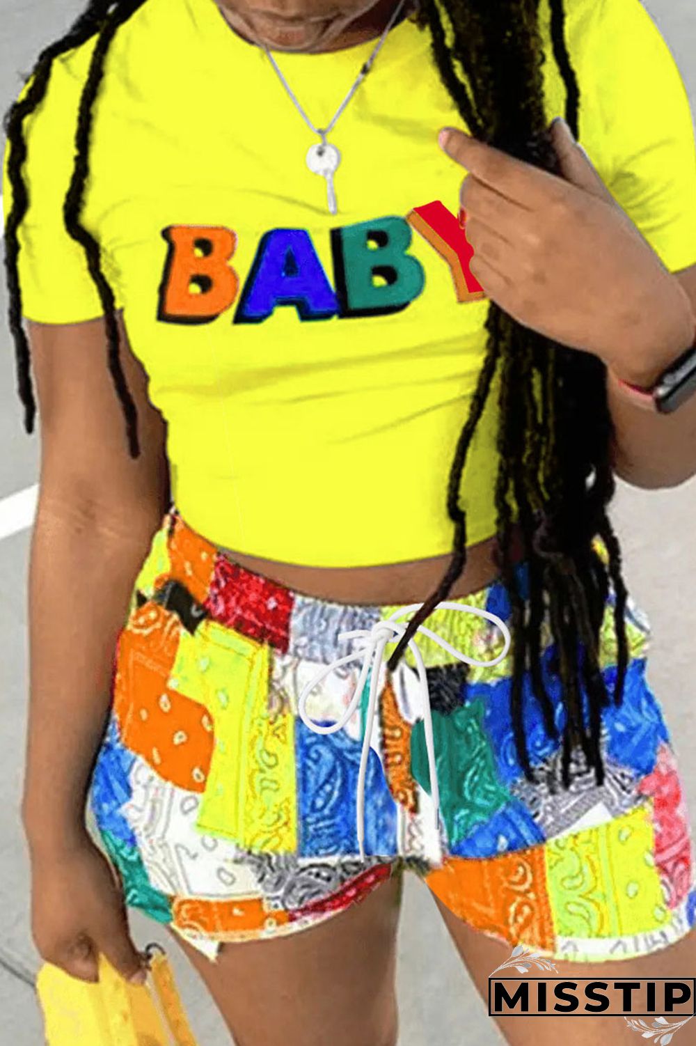Yellow Casual Print Patchwork O Neck Plus Size Two Pieces