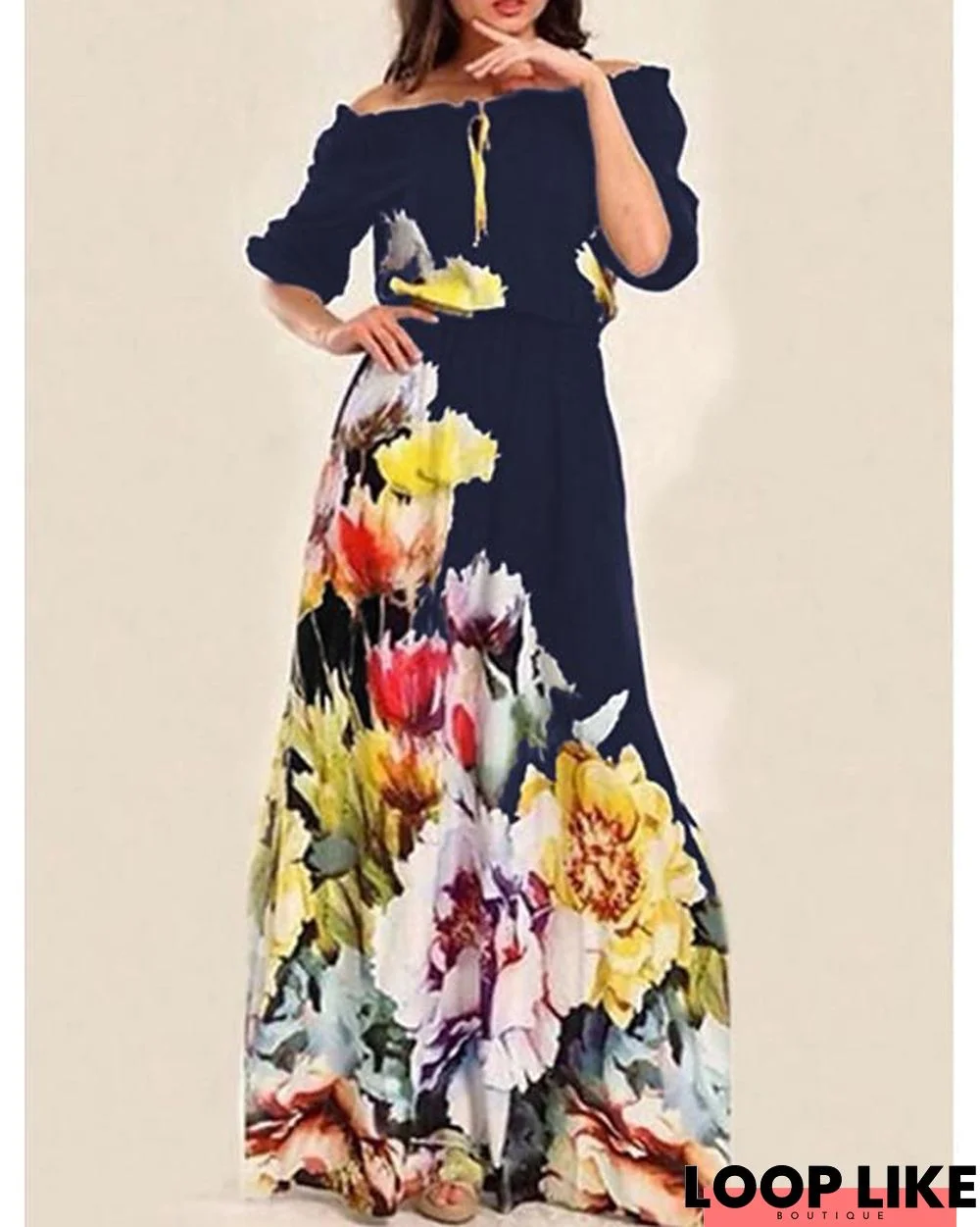 Women's Swing Dress Maxi Long Dress Half Sleeve Floral Print Basic Navy Blue