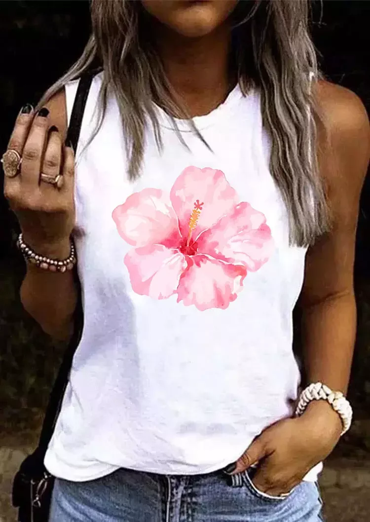 Cherry Blossoms O-Neck Casual Tank - White