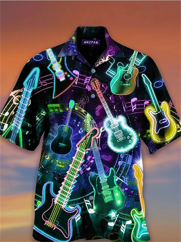 Men's Shirt Camp Shirt Graphic Shirt Aloha Shirt Musical Instrument Turndown Green Black Blue Purple Gray 3D Print Holiday Short Sleeve 3D Print Clothing Apparel Designer Beach-Cosfine
