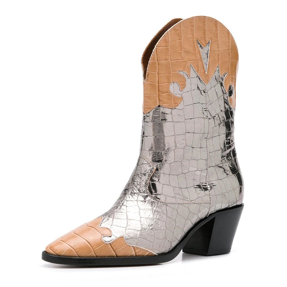 Silver and Tan Western Boots Block Heel Boots