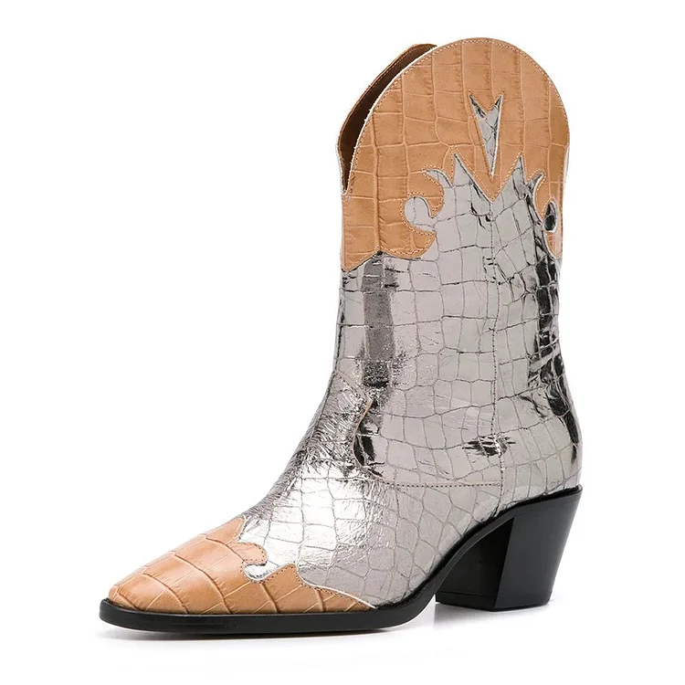 Silver and Tan Western Boots Block Heel Boots |FSJ Shoes