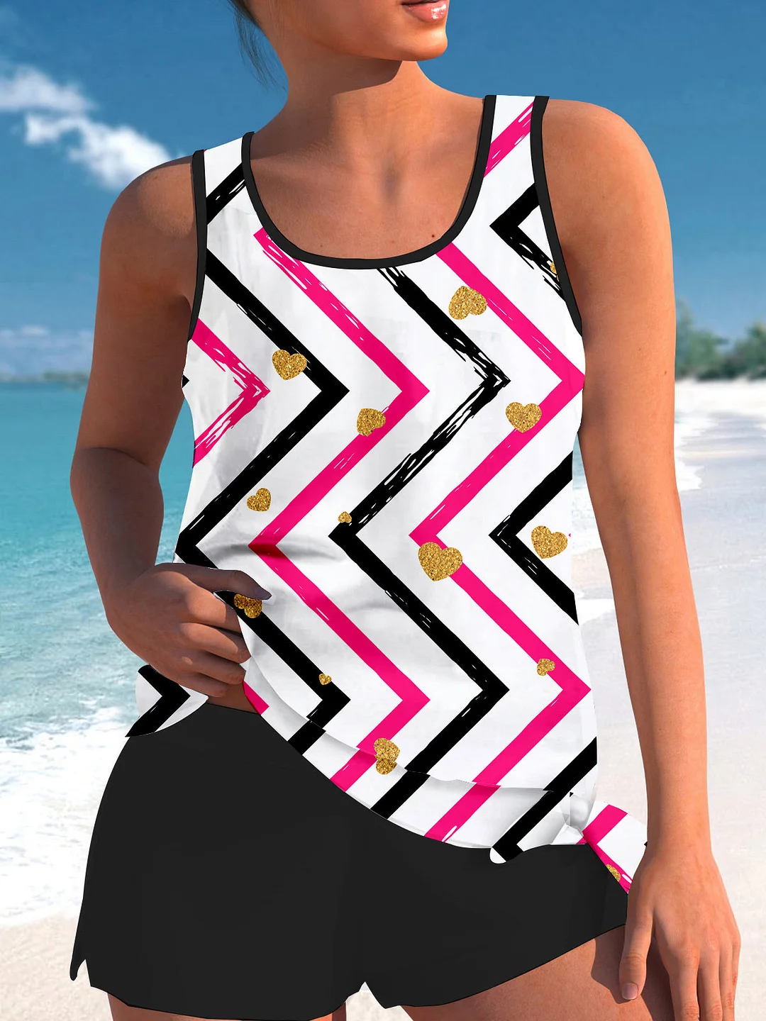 Bowknot Pink Striped Printed Mid Waisted Tankini Set - Plus Size Available