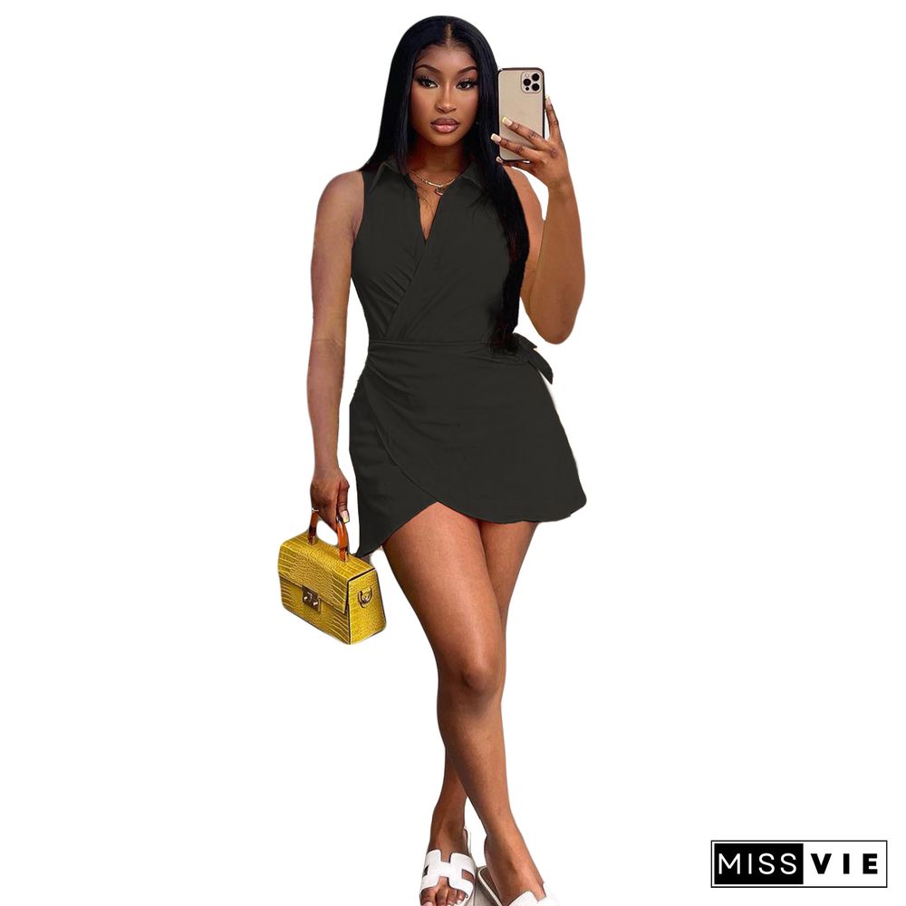 Turn Down Collar Sleeveless Lace Up Elegant Dress