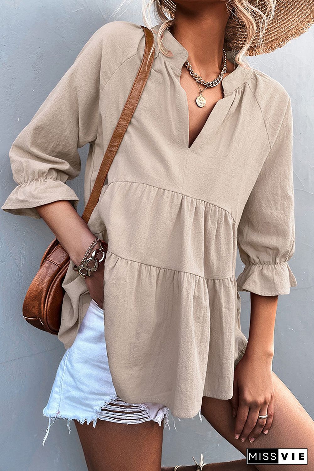 Casual Solid Flounce Fold V Neck Tops(5 Colors)