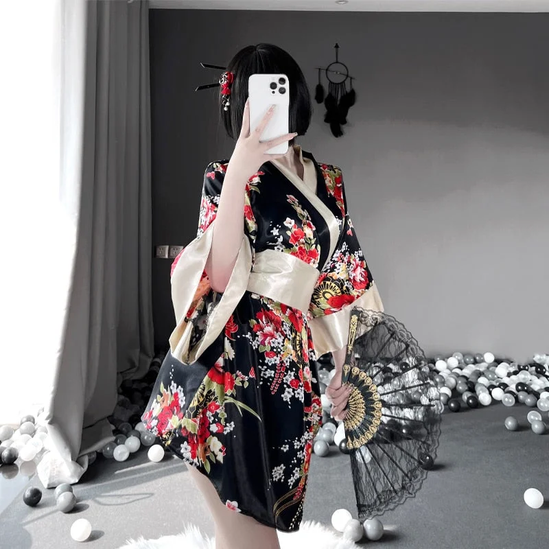 OJBK Japanese Kawaii Pink Kimono White Bow-Knot Waistband Thong Sexy Lingerie Cosplay Costumes Woman Yukata Robe With Obi Belt