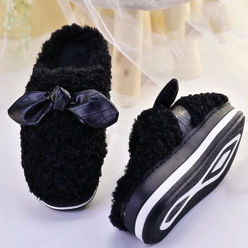 Pink Bowknot Platform Slides Shoes Women's Home House Fluffy Slippers Fuzzy Girls Cozy Cute Slides Rom Mules Slippers For Women