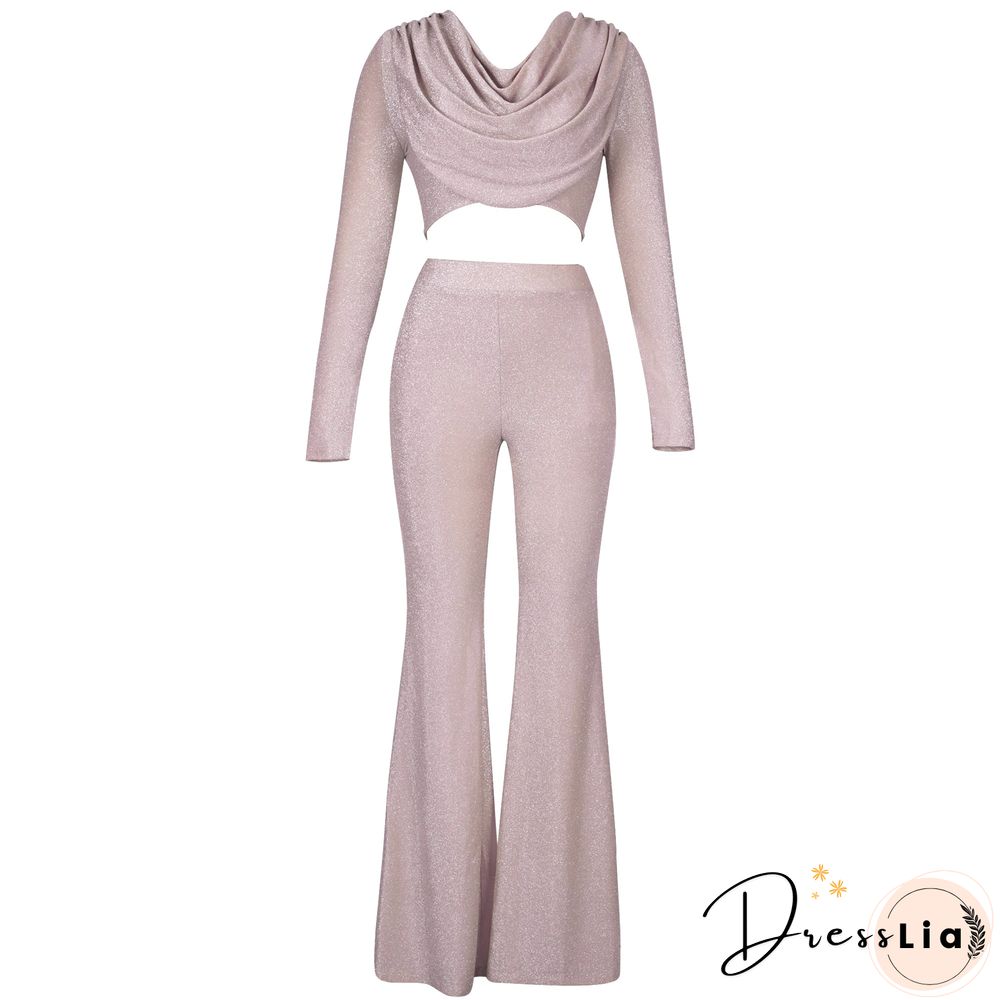 Glitter Draping Long Sleeve Top And Pants Two Piece Set New Arrival Pink 2 Piece Set  Women Autumn Sexy Club Party Outfits