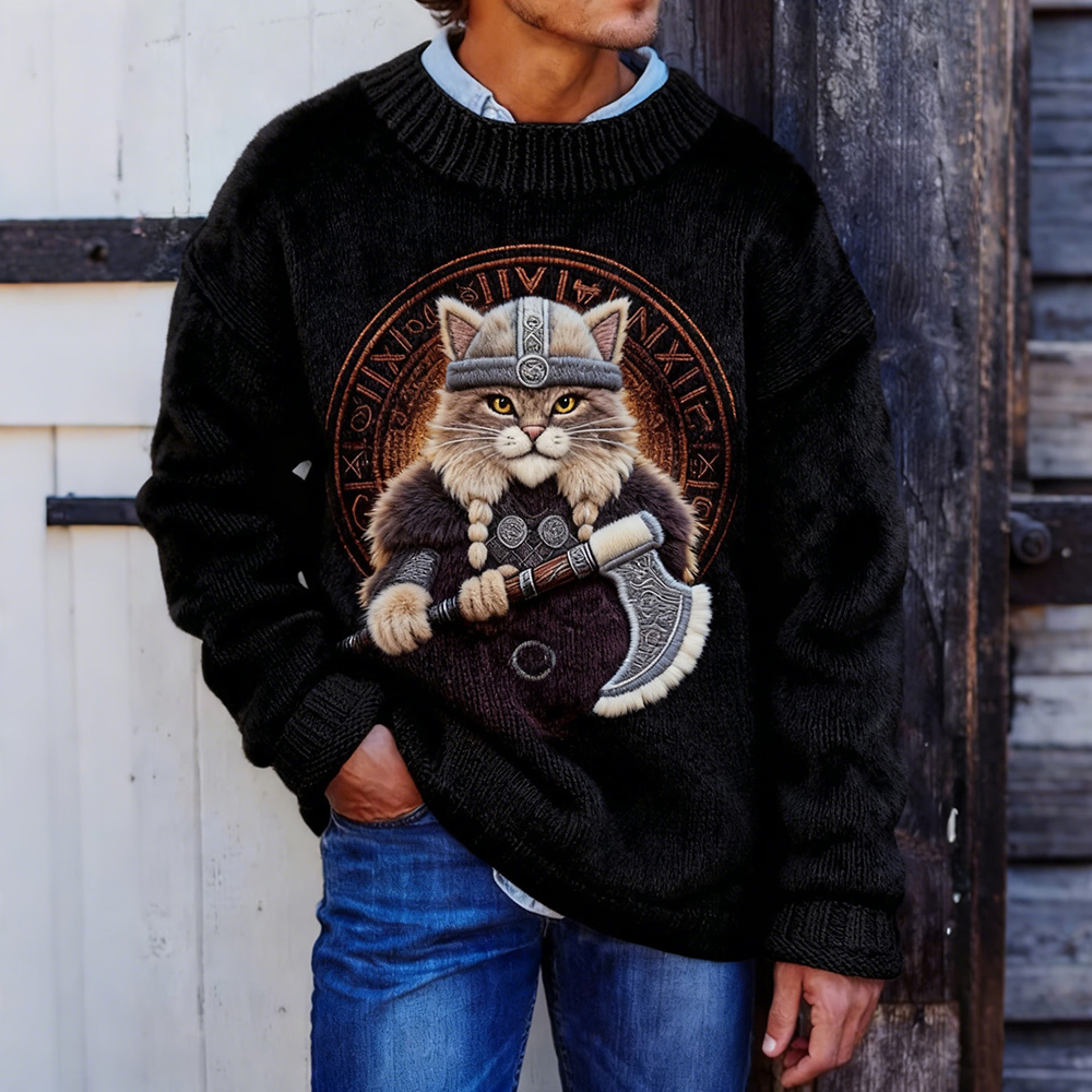 Men's Viking Warrior Cat Art Vintage Cozy Knit Sweater elevenforest