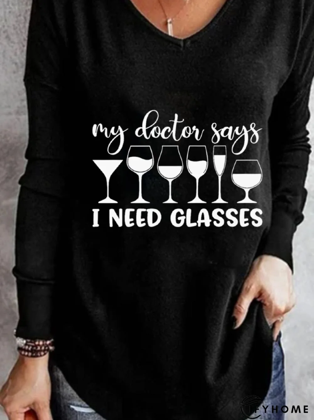 Long Sleeve V Neck Printed Top Tunic T-Shirt | IFYHOME