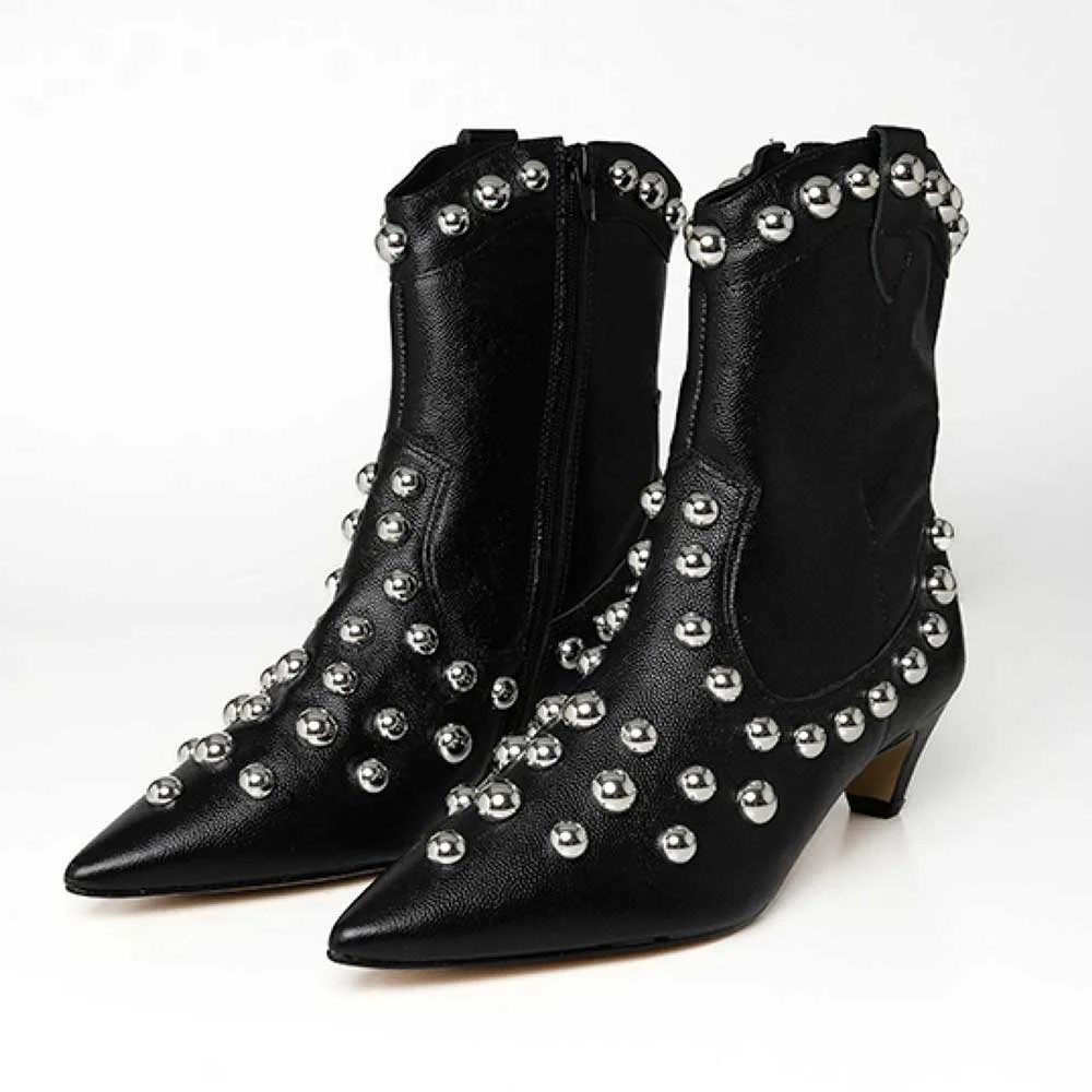 Black Pointed Toe Side Zipper Short Boots for Women with Studded