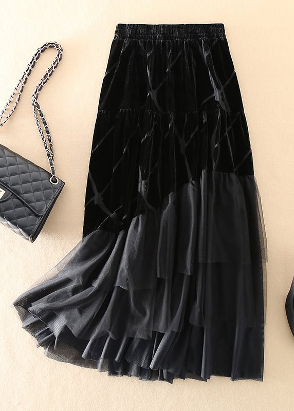 DIY Black Tulle Patchwork Silk Velour Skirt Spring CK1210- Fabulory