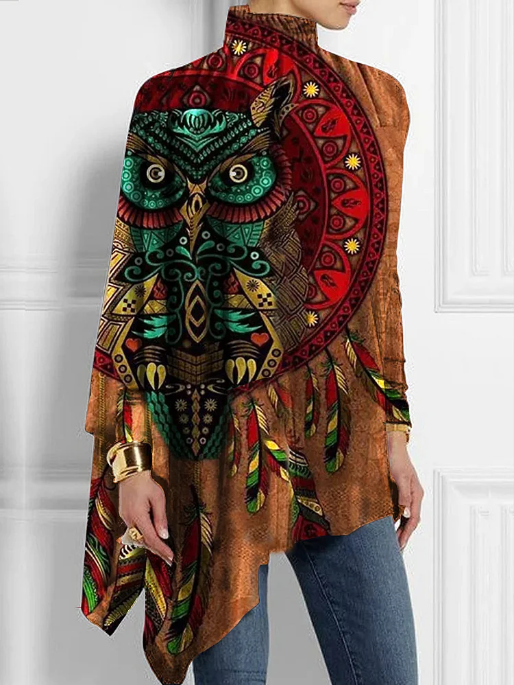 Ursime Ethnic Print Turtleneck Asymmetrical Hem Top