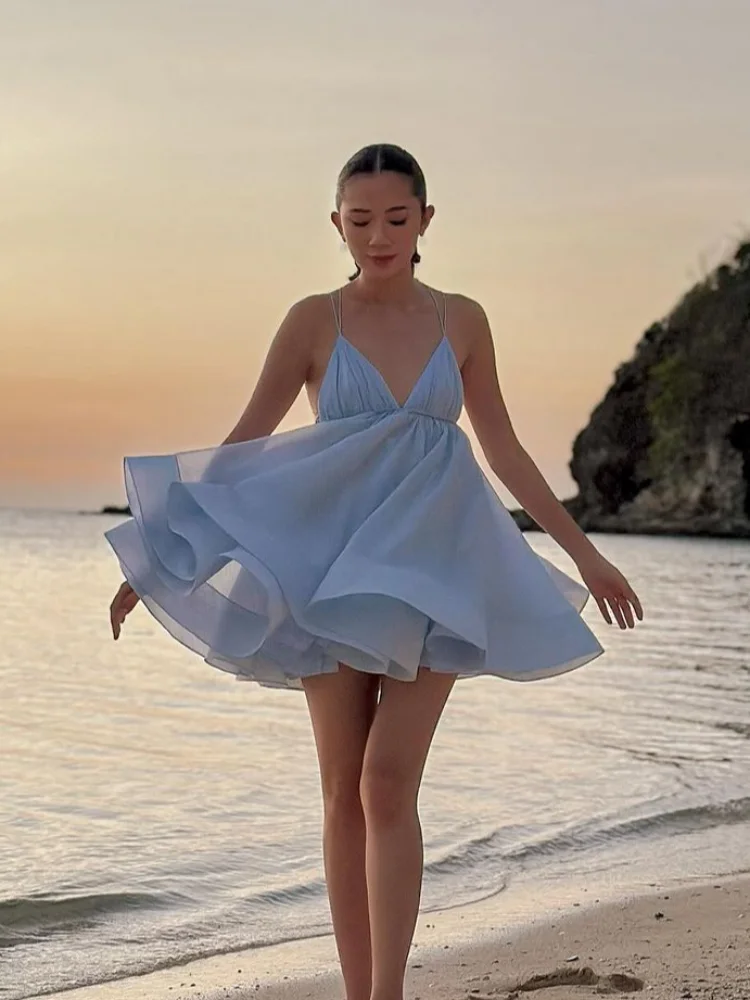 Sexy Backless Lace Up Women's Sling Chic Solid High Waist Party Beachwear Mini Dress