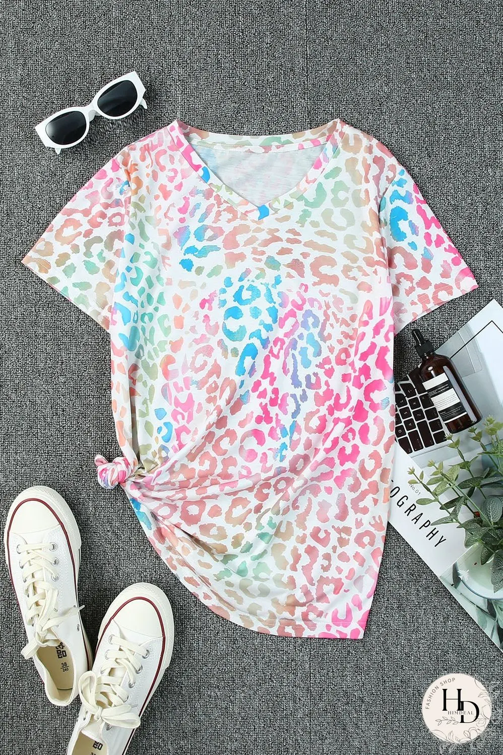 Colorful Leopard Print V Neck Tee for Stylish Summer Looks