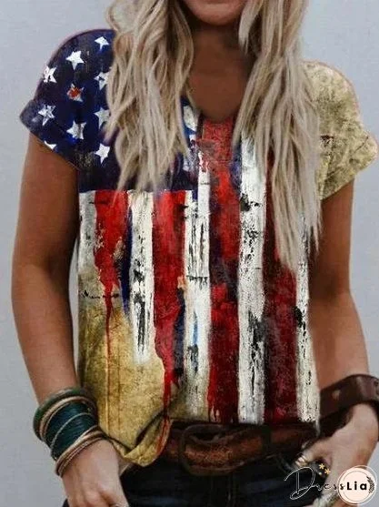 Casual Print V Neck T-Shirt