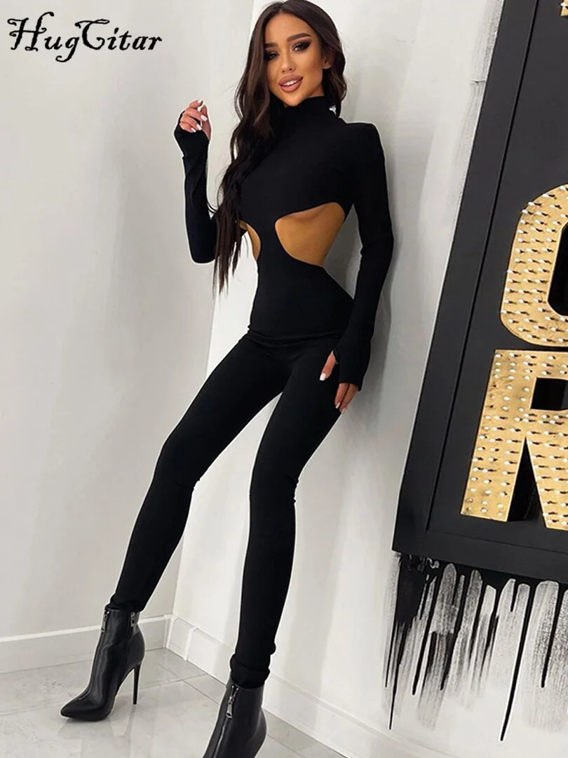 Hugcitar Solid Long Sleeve Turtleneck Hollow Out Jumpsuit 2021 Summer Fall Bodycon Party Club Elegant Streetwear Outfit Y2K
