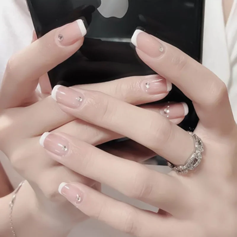 Fashion 24pcs/set French Nails For Women Simple Pink Ins Style Fake Nails With Glue Acrylic fake Full Tips False press on nail-Nail Inspo