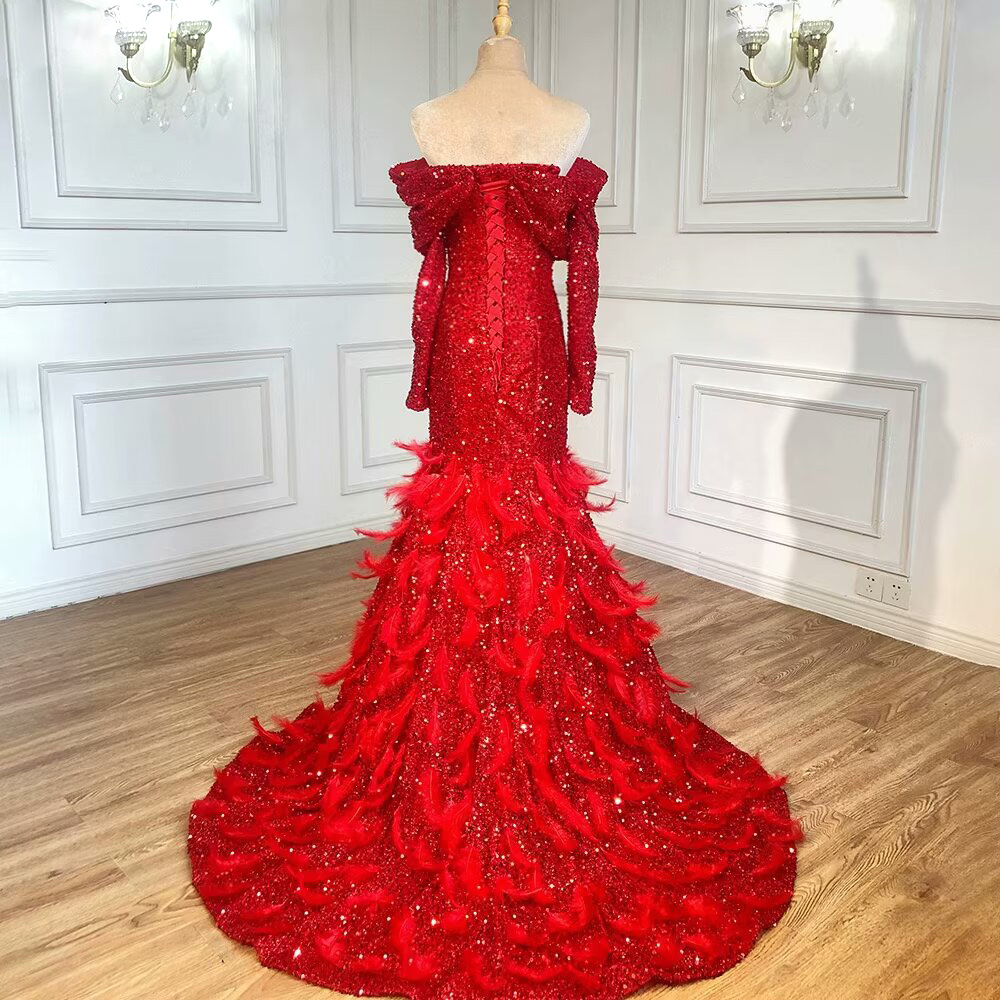 Lisliy Red Long Sleeves V-Neck Strapless Sequins Mermaid Prom Dress With Plumes