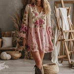 Women's V Neck Boho Classy Gradient Pink Roses Embroidered Art Casual Dress - Image 6