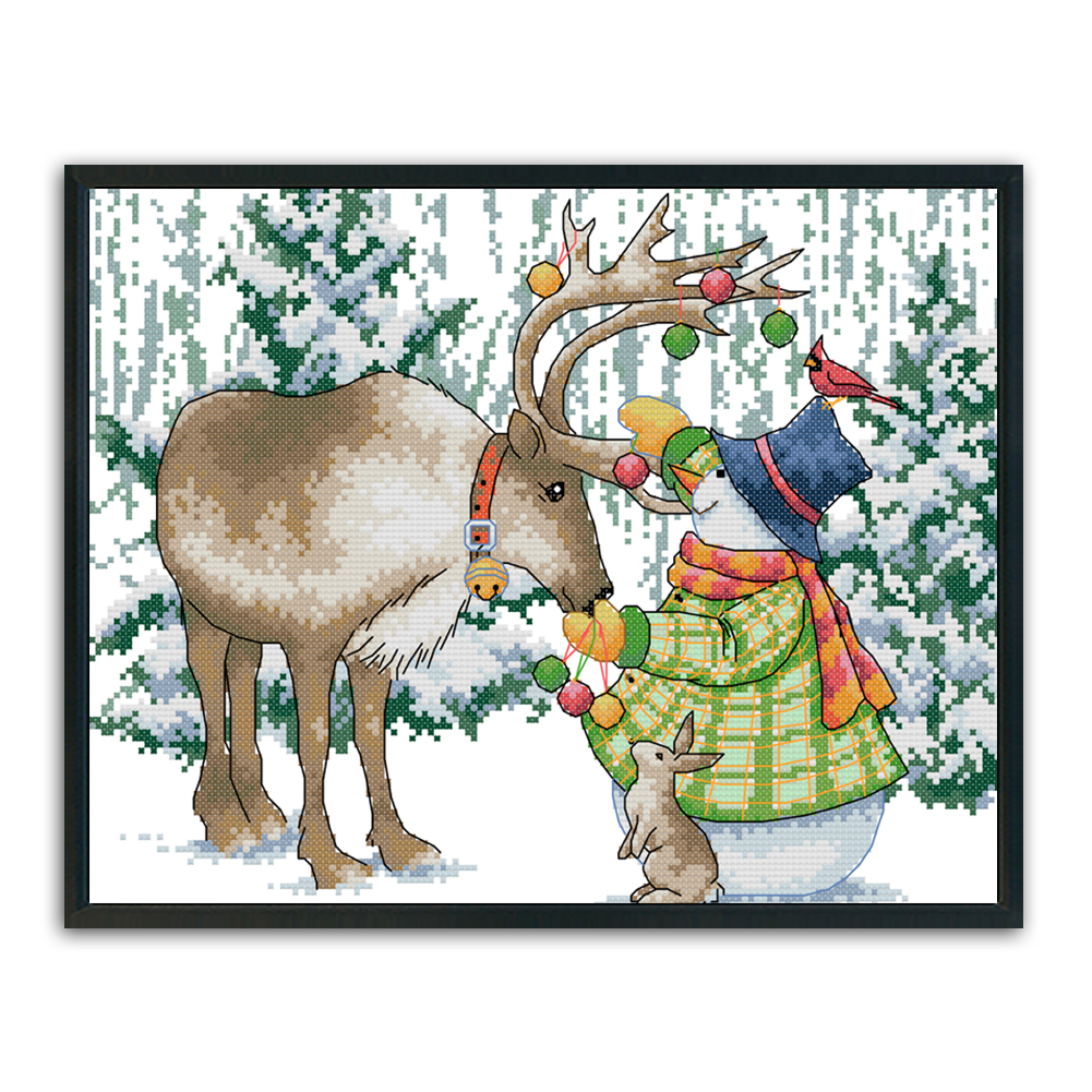 

Elk And Snowman - 14CT Stamped Cross Stitch - 38*29cm, 501 Original