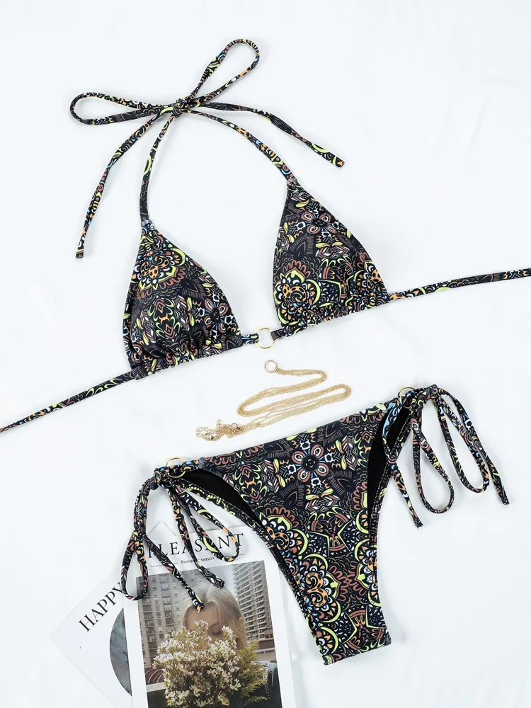 2022 Bandage Adjustable Swimsuit Women High Cut Thong Sexy Bikinis Swimwear Floral Print Halter Bikini Set Bathing Suits Biquini